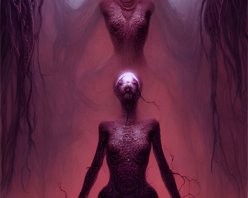 Mystical purple environment with humanoid figures and intricate textures