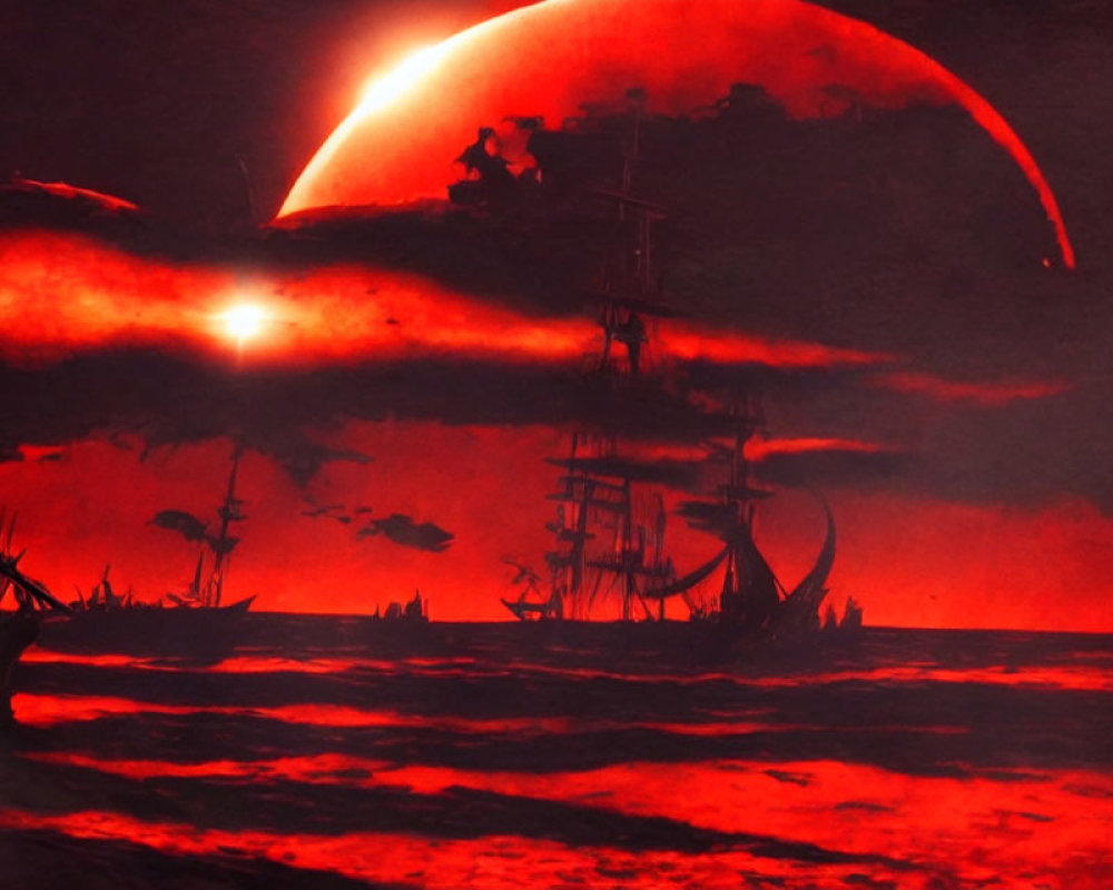 Sci-fi scene: Ships on red ocean under large red moon