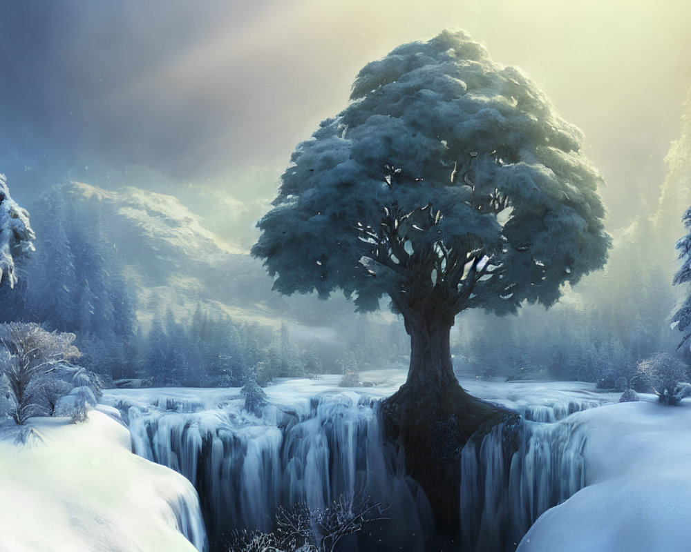 Majestic lone tree on frozen waterfall in snowy forest landscape