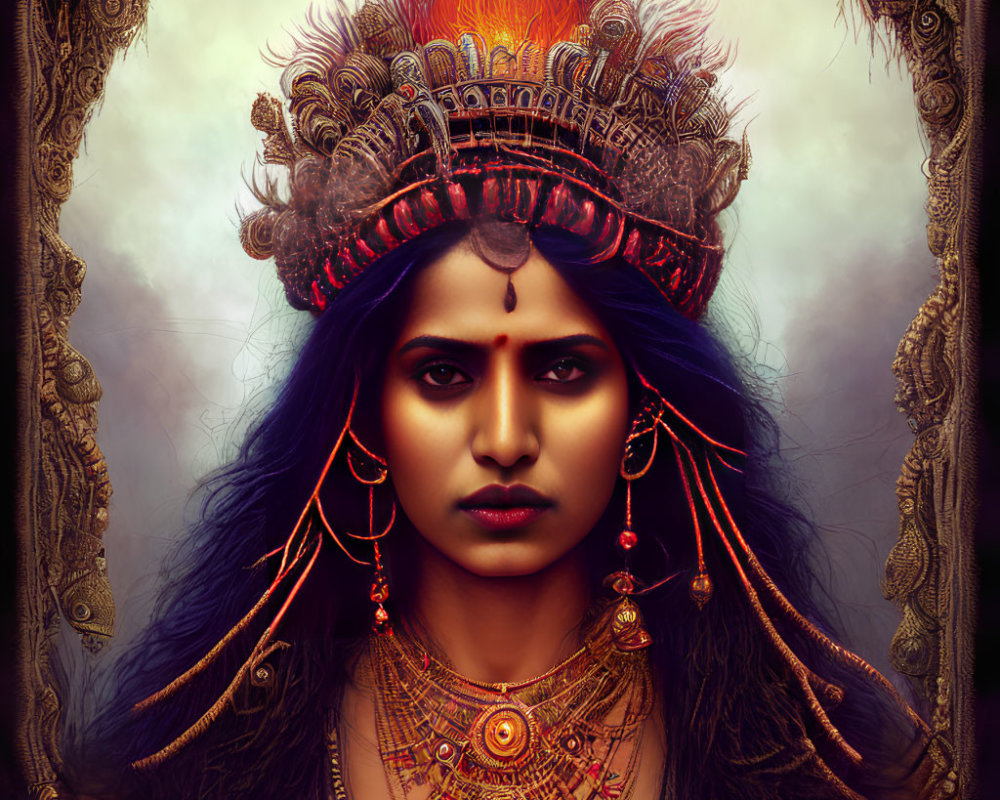 Regal woman with intense gaze and ornate jewelry.