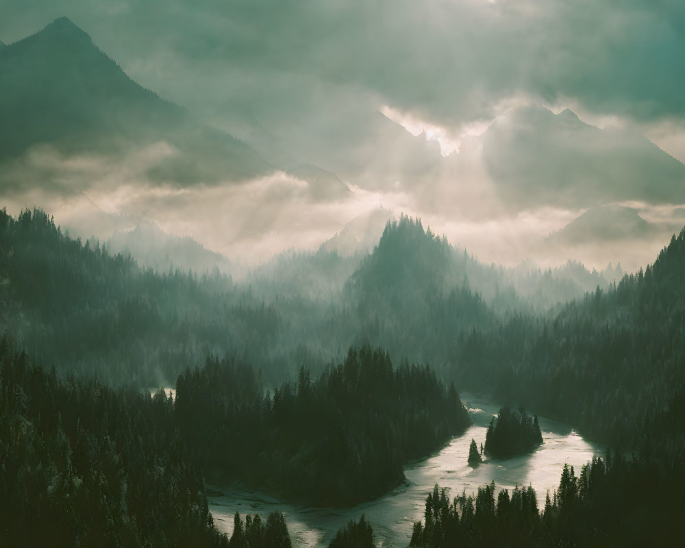 Mystical landscape with sunlight rays, forest mountains, and winding river