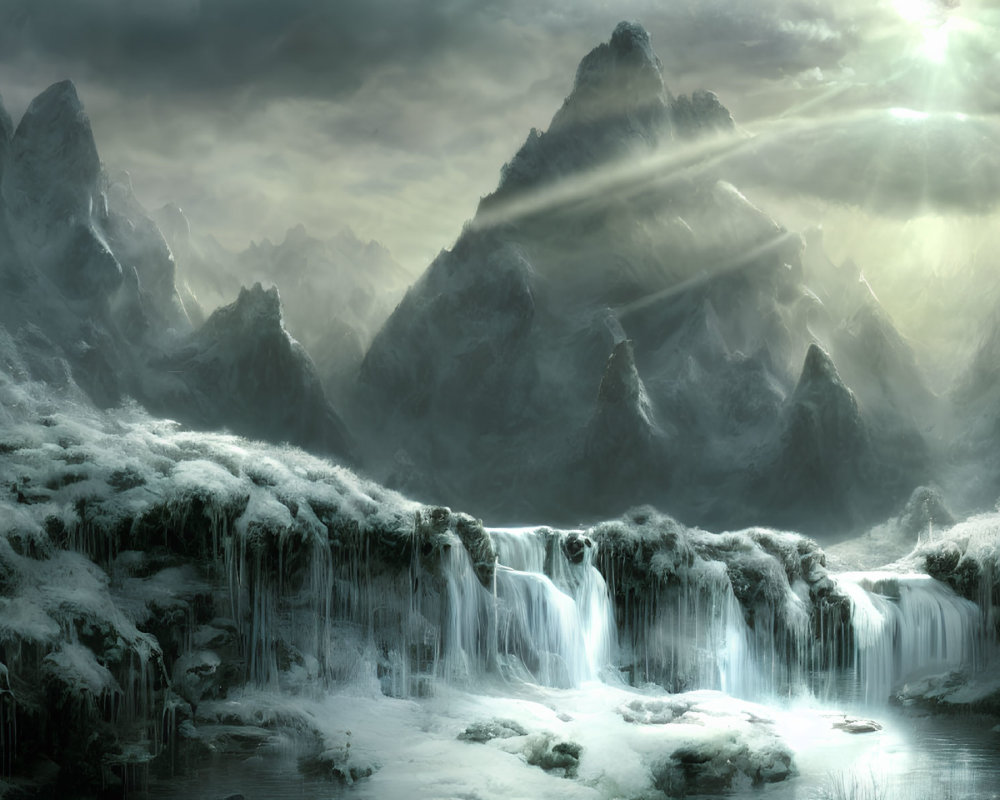 Mystical snowy landscape with mountains, waterfalls, ice formations, and sunlight rays