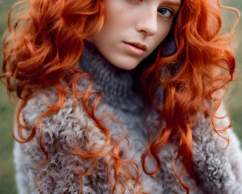 Woman with Vibrant Red Hair in Grey Sweater Poses Outdoors