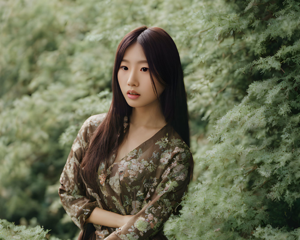 Woman in floral blouse and brown skirt surrounded by lush green foliage