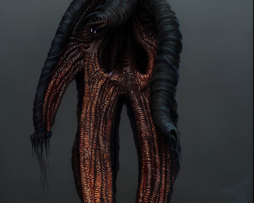 Surreal creature with tentacle-like face and glowing orange textures against dark backdrop