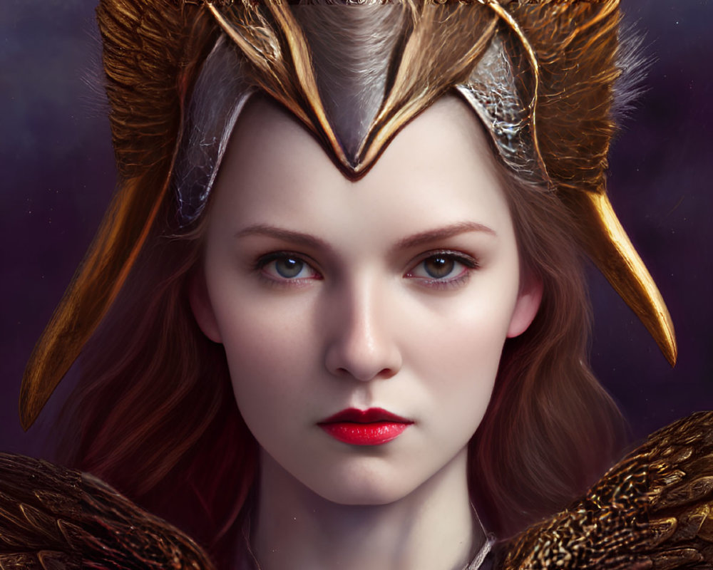 Majestic woman with golden helmet and feathered armor collar