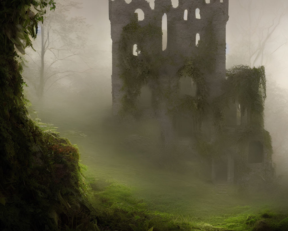 Vine-covered ancient tower in misty forest landscape