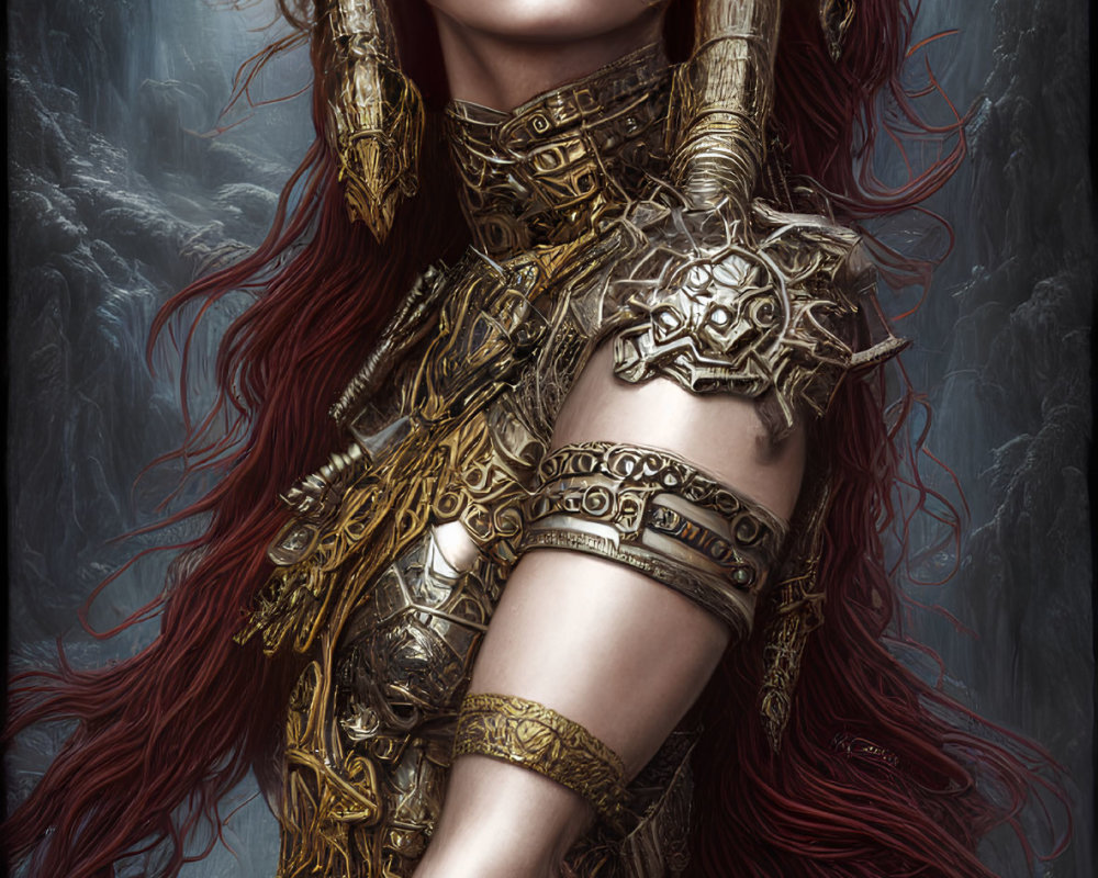 Female character in golden armor with red hair against misty backdrop