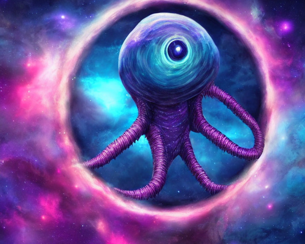 Cosmic octopus with large eye in vibrant nebula and ring anomaly