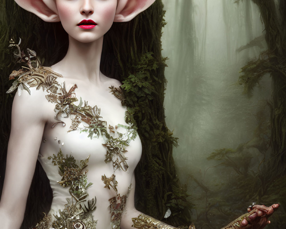 Elf with Pointy Ears in Crown and Red Rose, Forest Setting