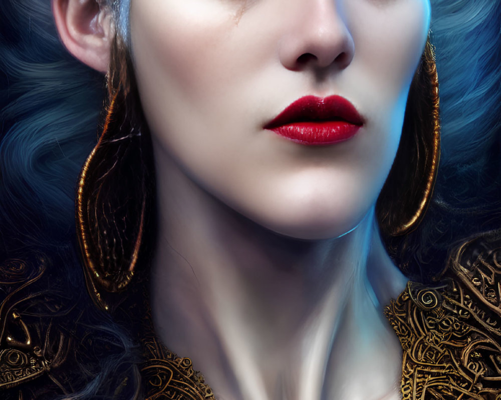 Fair-skinned individual with pointed ears and red lips adorned in golden jewelry against a blue background