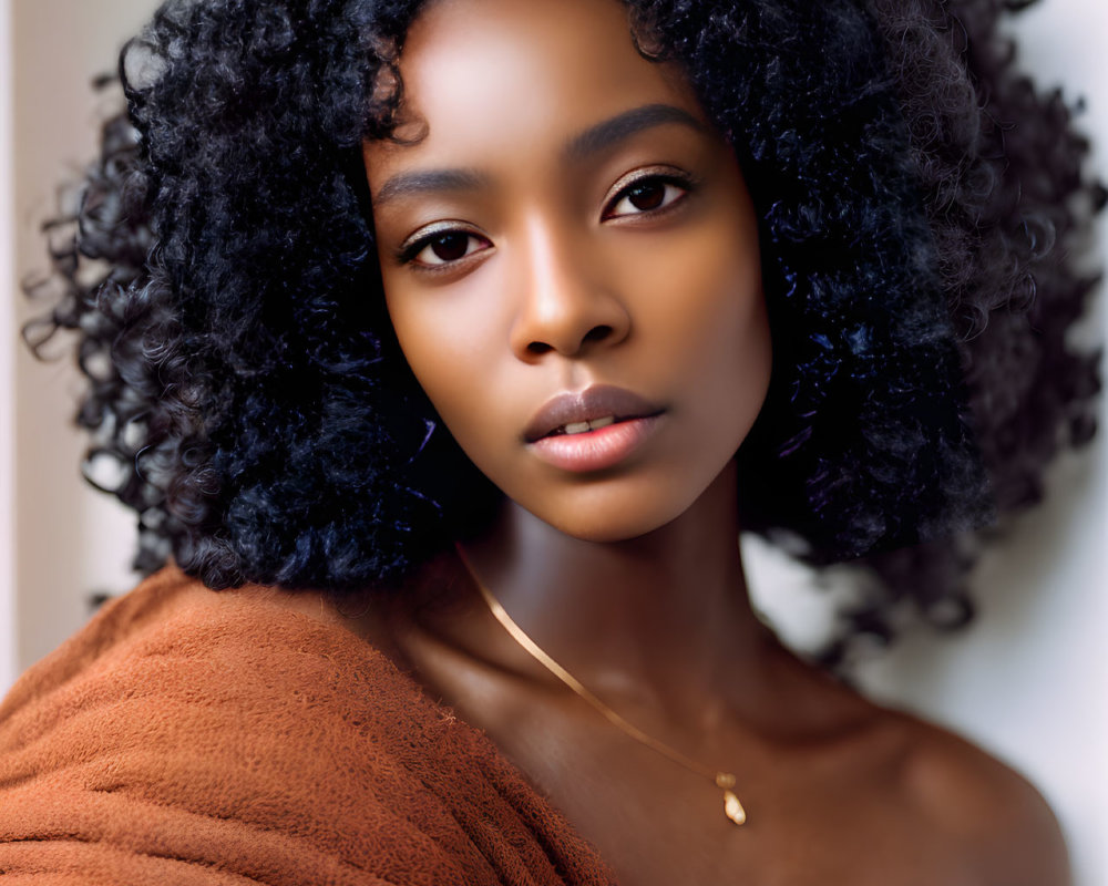 Voluminous curly hair woman in rust-colored top with serene demeanor