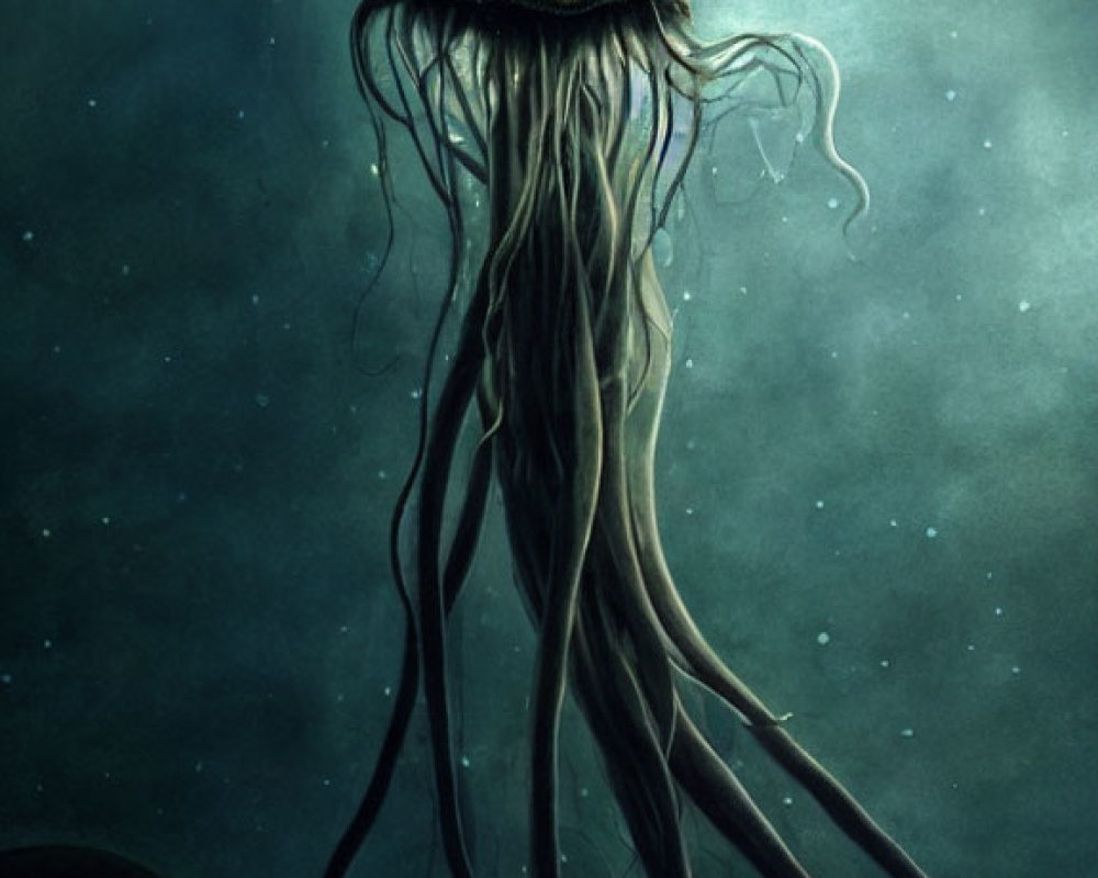 Illustrated jellyfish with flowing tentacles in dark underwater scene.