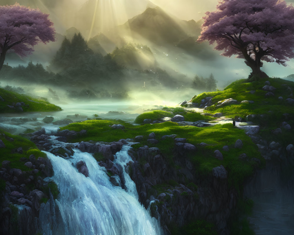 Tranquil landscape with waterfall, greenery, mist, sunbeams, and pink trees