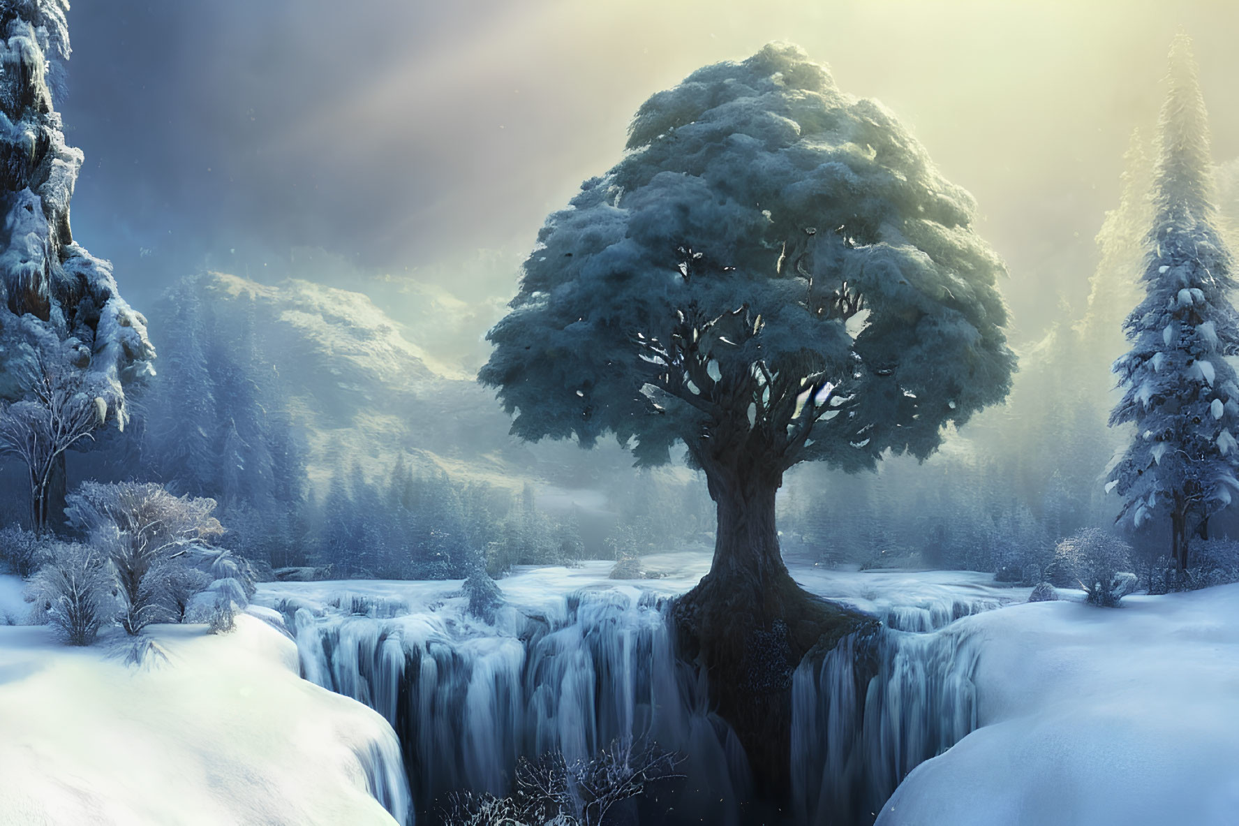 Majestic lone tree on frozen waterfall in snowy forest landscape