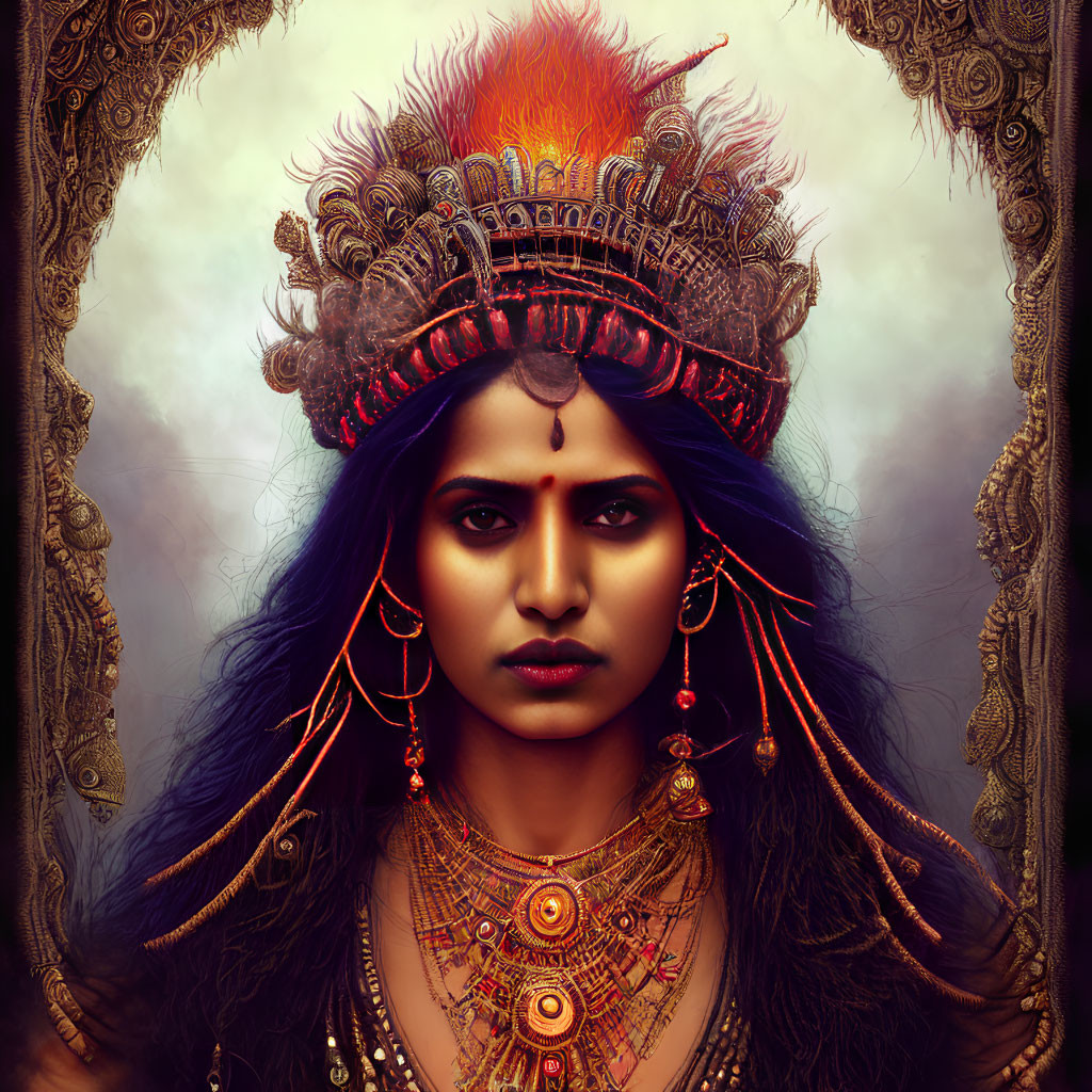 Regal woman with intense gaze and ornate jewelry.