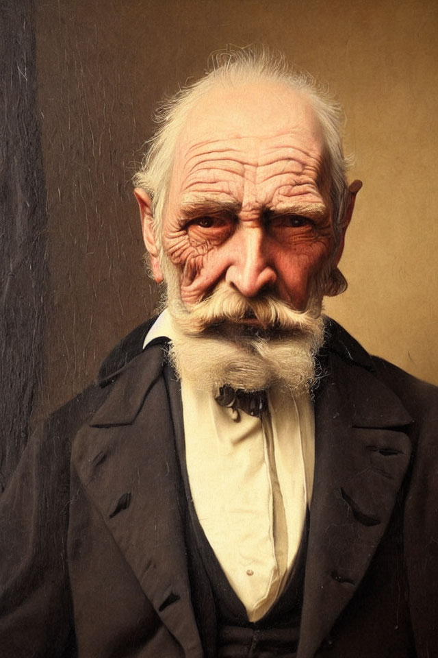 Elderly Man with White Beard in Black Suit on Brown Background