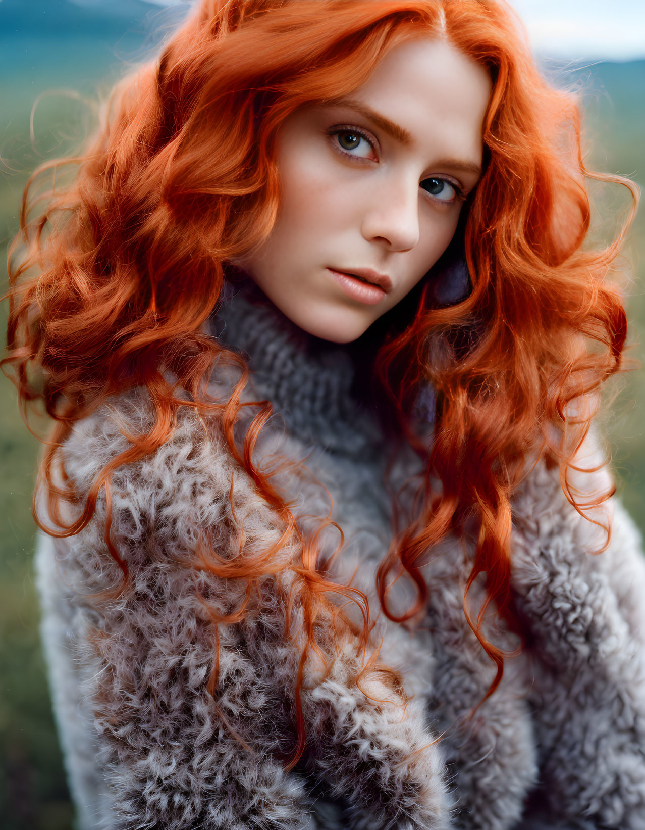 Woman with Vibrant Red Hair in Grey Sweater Poses Outdoors