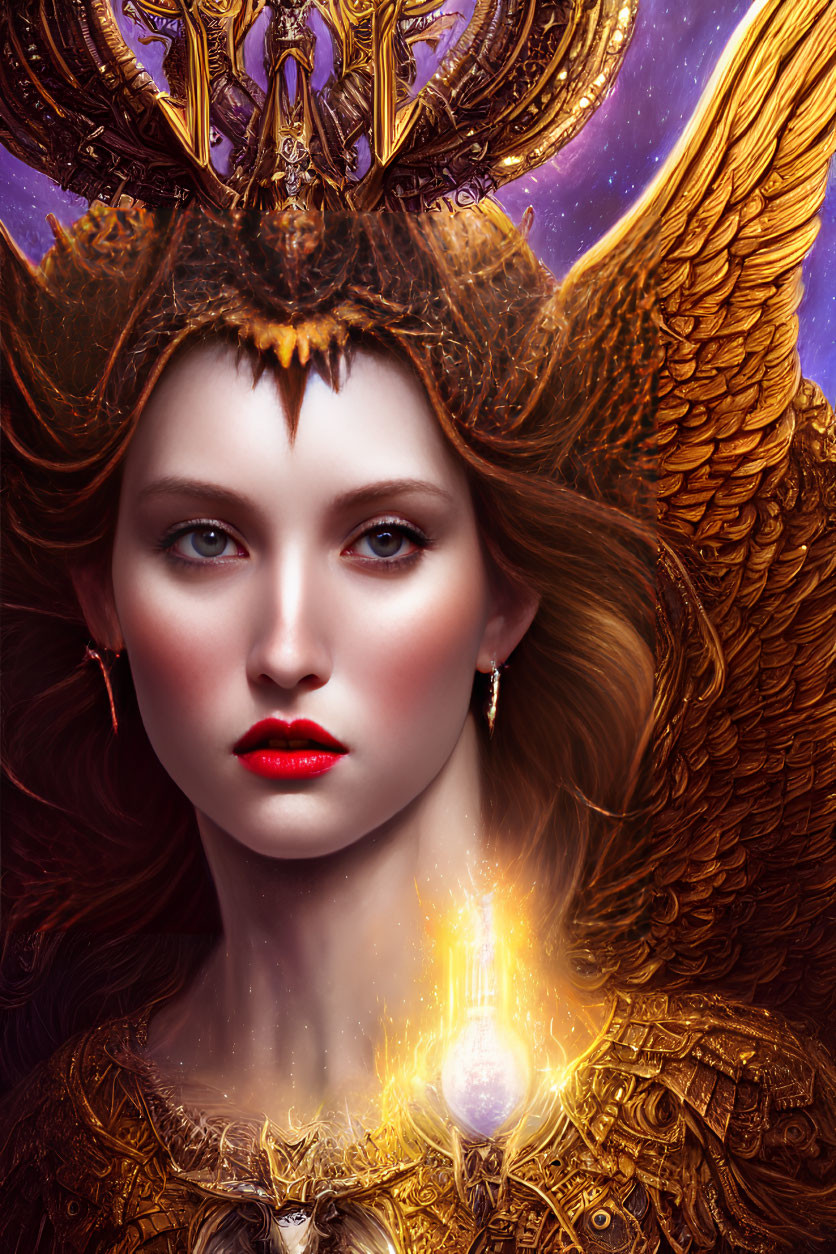 Fantasy digital art portrait of a woman with golden angel wings and glowing pendant