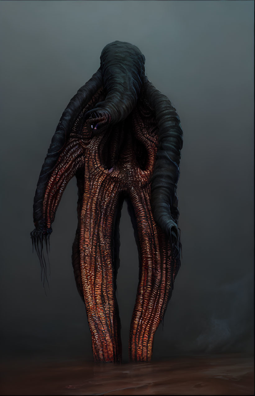 Surreal creature with tentacle-like face and glowing orange textures against dark backdrop