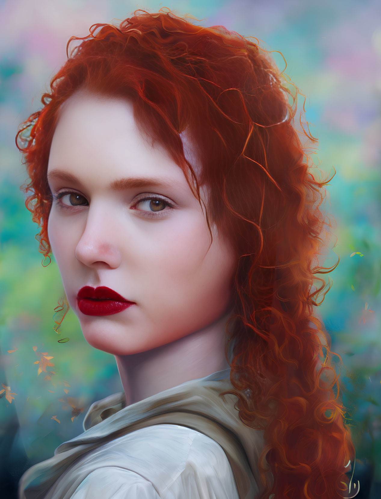 Fiery red curly-haired woman portrait on multicolored background