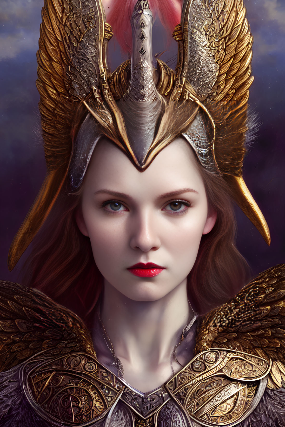 Majestic woman with golden helmet and feathered armor collar