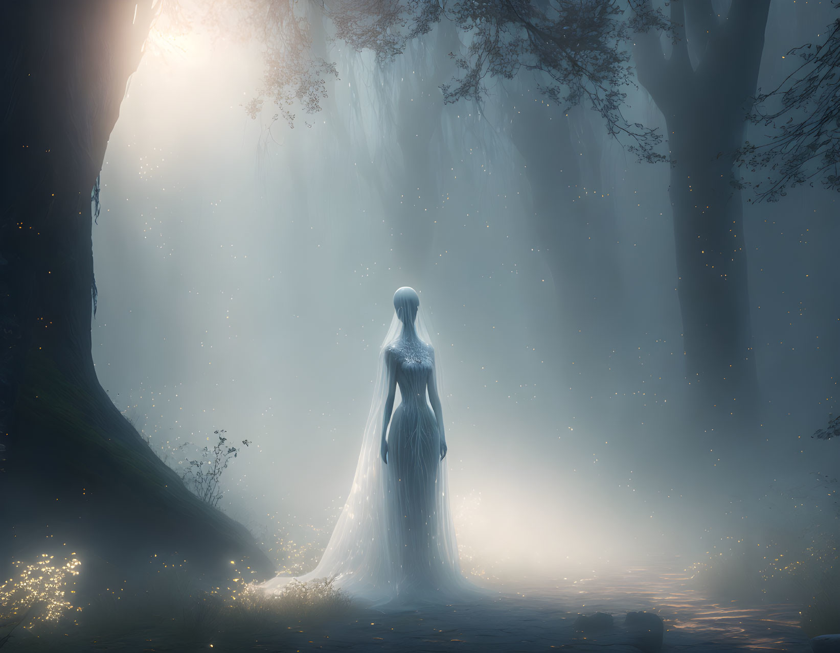 Mystical forest scene with glowing figure and floating lights