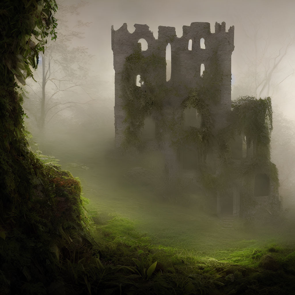 Vine-covered ancient tower in misty forest landscape