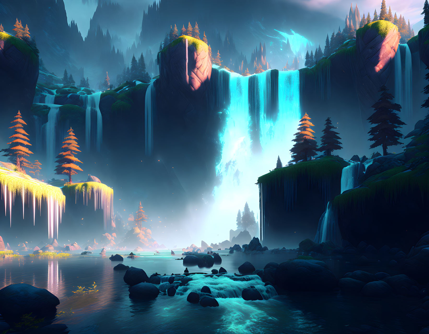 Tranquil fantasy landscape with waterfalls, luminous trees, and river at twilight