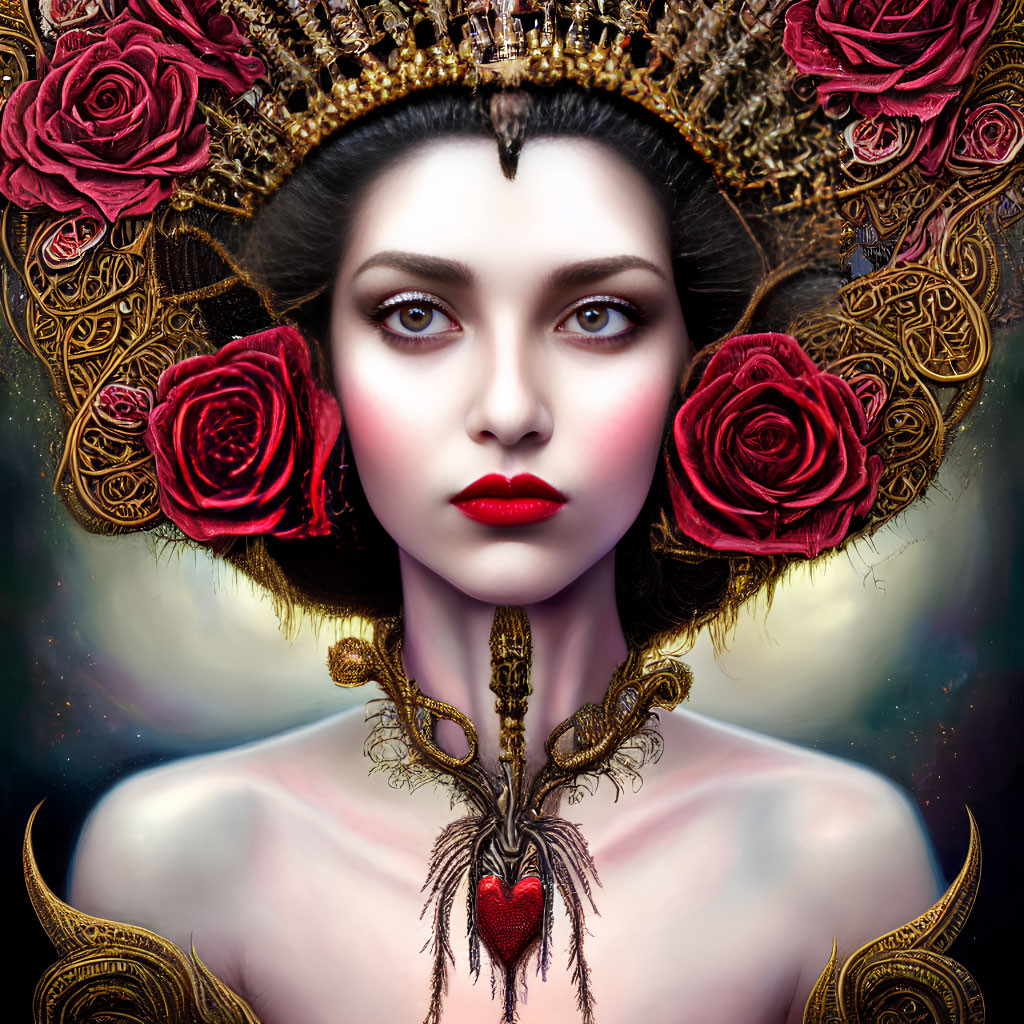 Fantasy-themed portrait of a woman with golden headpiece, roses, intense makeup, and heart-shaped