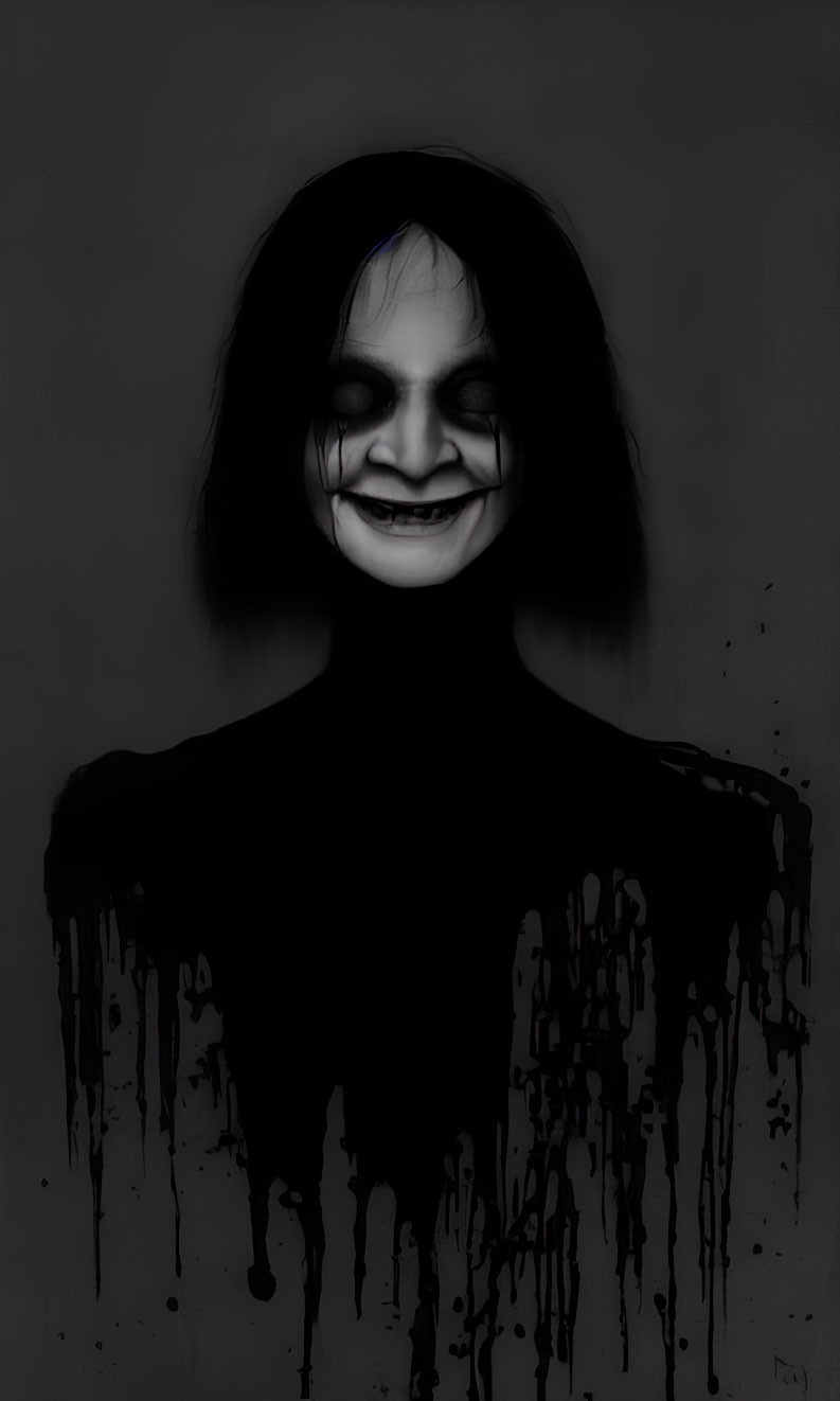 Sinister black and white figure with creepy grinning face