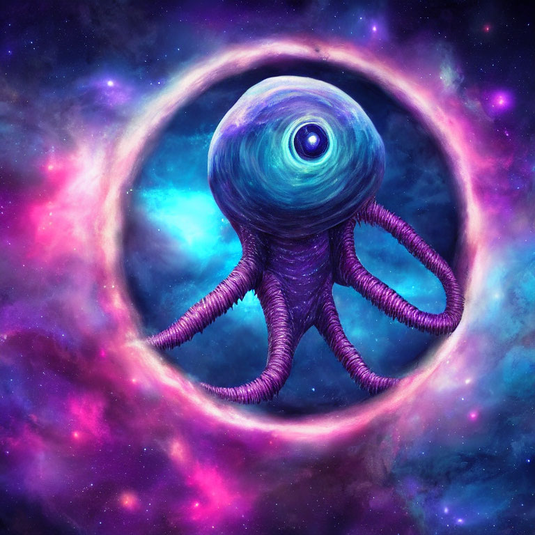 Cosmic octopus with large eye in vibrant nebula and ring anomaly