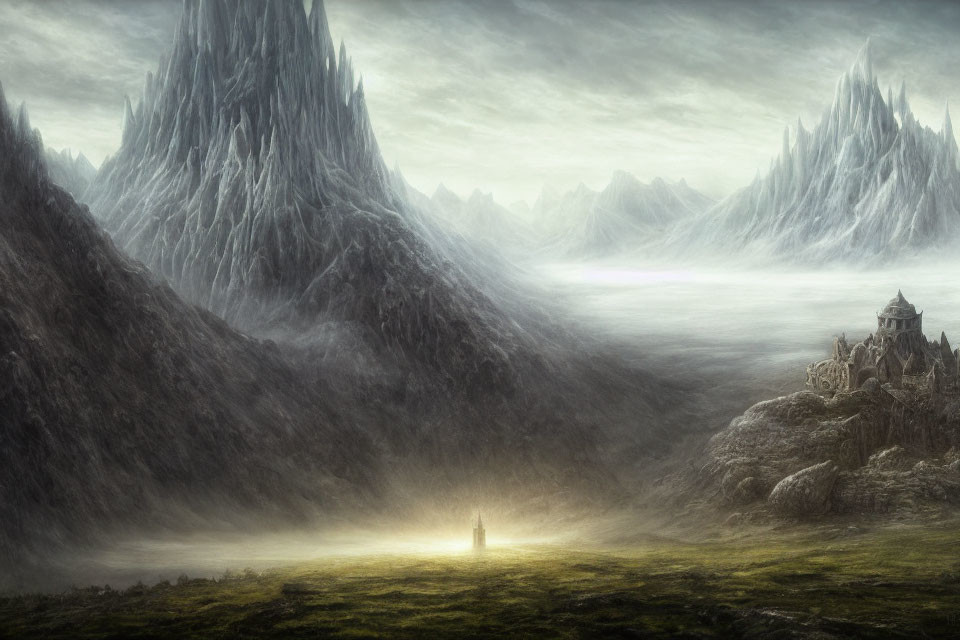 Mystical landscape with solitary figure and castle on misty mountain.