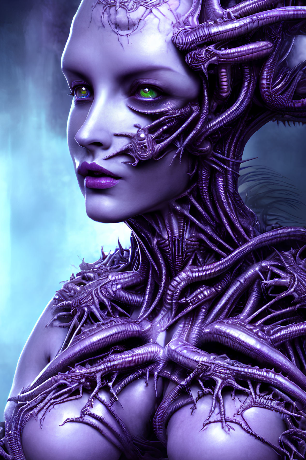 Violet-skinned female figure with cybernetic enhancements and metallic tentacles.