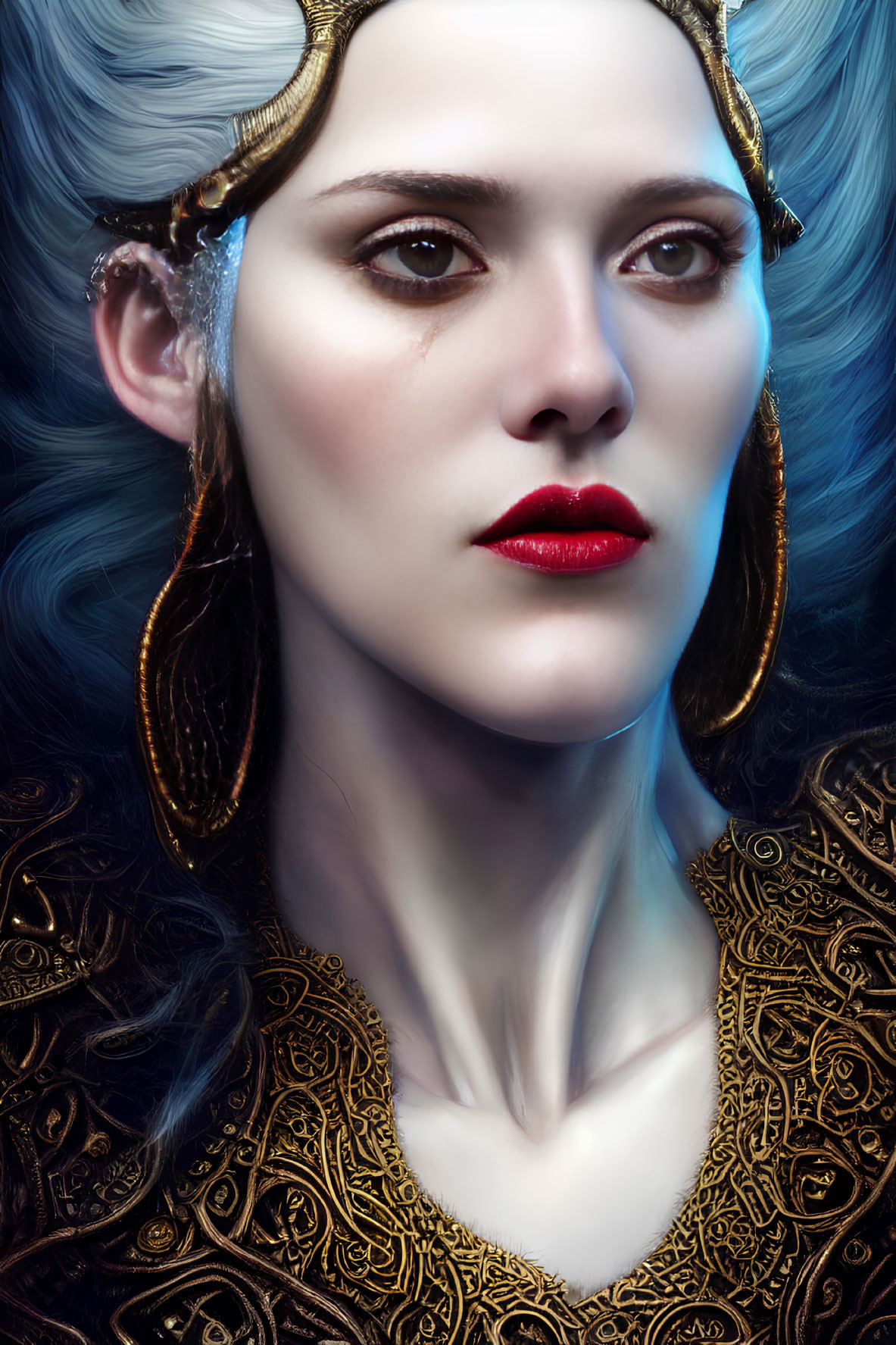 Fair-skinned individual with pointed ears and red lips adorned in golden jewelry against a blue background