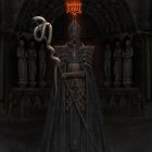 Dark-armored figure with serpent staff by archway with red flames