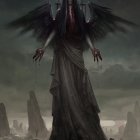 Dark Angel Figure with Sword in Eerie Landscape