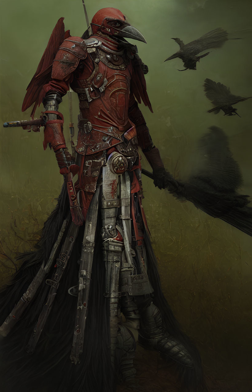 Warrior in Red Armor with Bird-Like Helmet Surrounded by Crows