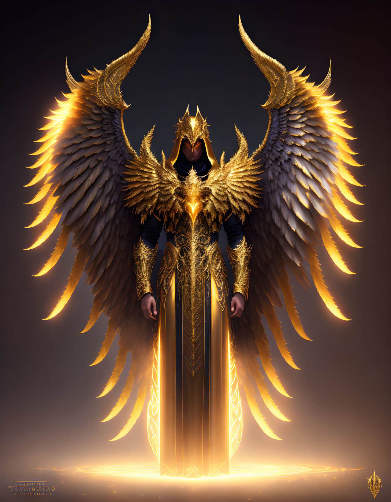 Majestic figure in golden armor with wings and glowing sword