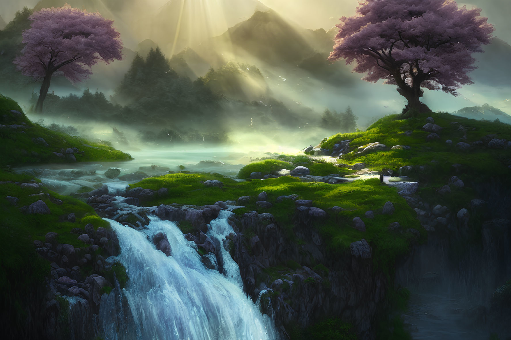 Tranquil landscape with waterfall, greenery, mist, sunbeams, and pink trees