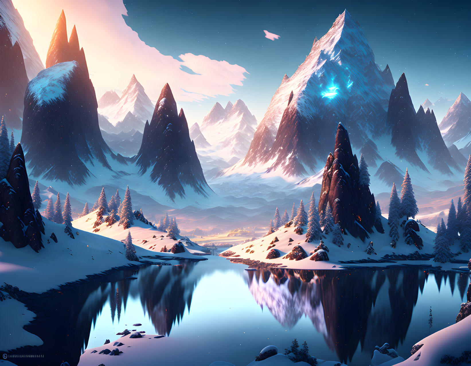 Snowy Mountain Landscape with Reflective Lake at Dusk