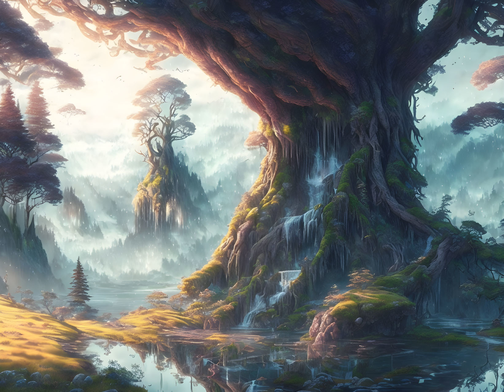 Ancient tree with waterfalls in serene, misty landscape