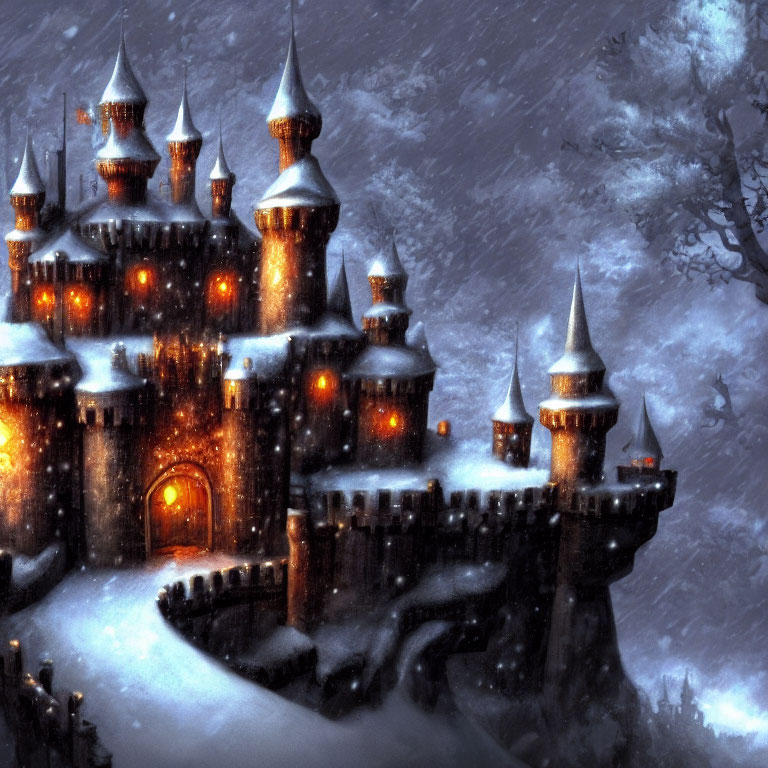 Mystical castle in snowy landscape under cloudy night sky