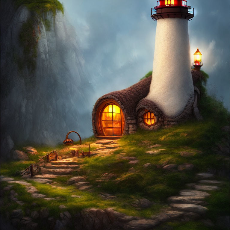 Cozy lighthouse and thatched-roof cottage on lush hillside at dusk