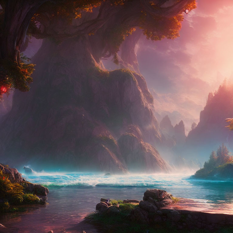 Mystical landscape with serene river, rocky cliffs, colossal trees, pink-hued sky