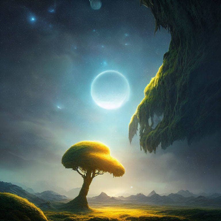 Surreal landscape with lone tree under solar eclipse