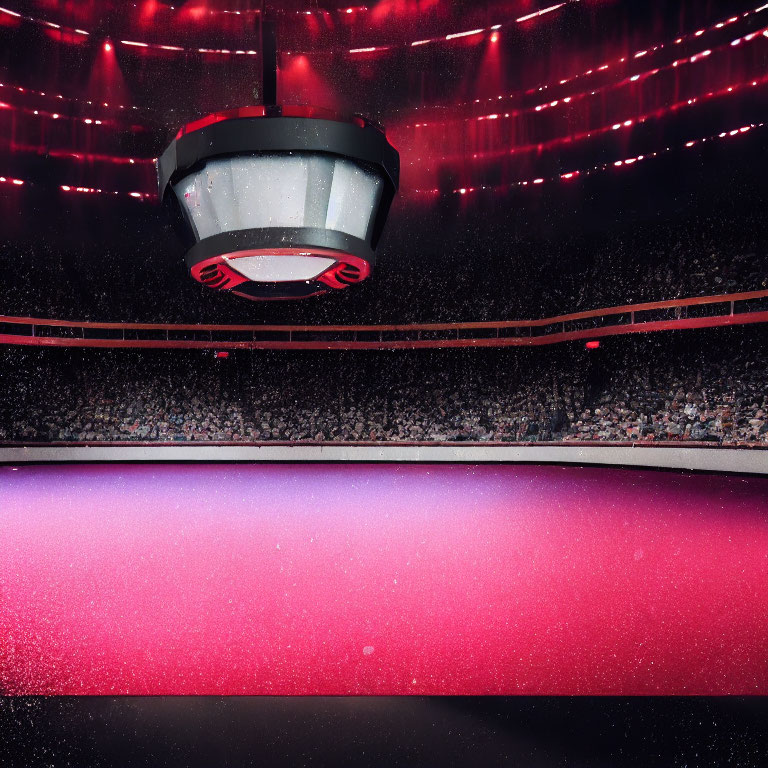 Vibrant pink and red lighting in packed indoor arena