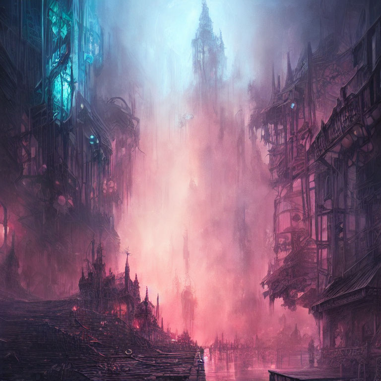 Misty Dystopian Cityscape with Glowing Lights and Pink Haze