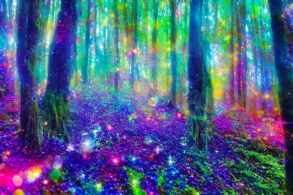 Enchanting purple and blue forest with glowing lights