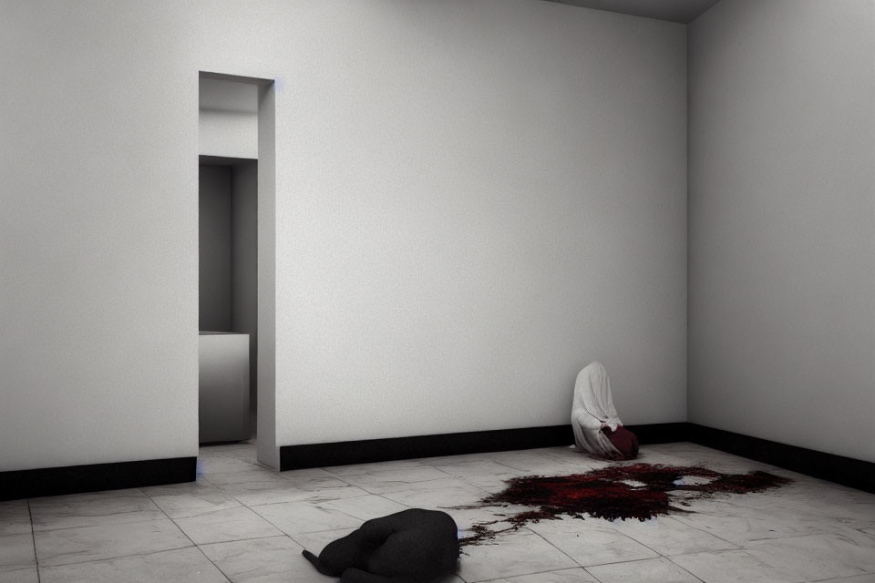 Person sitting in somber white room with bloodstain on floor